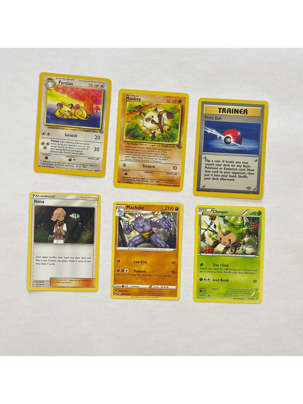 Pokemon 1999-20 Persian Machoke Chespin Mankey Ilima 6 Card Lot